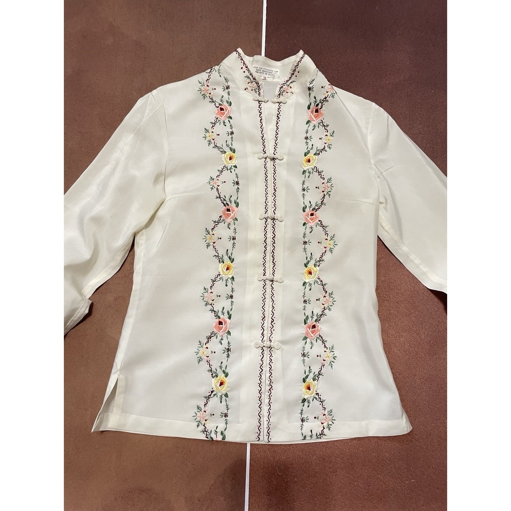 Vintage Chinese Silk Blend Embroidered Blouse Shirt Size S Cottagecore Farmhouse